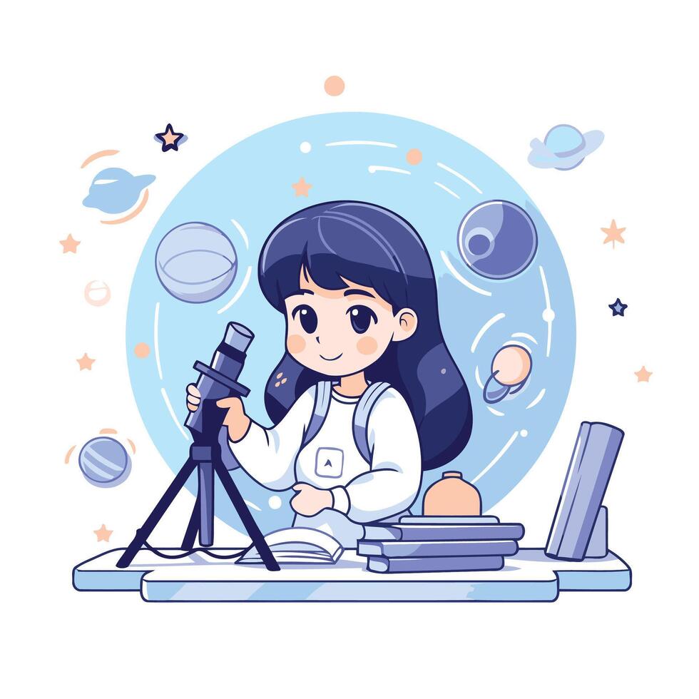 Cute little girl using a telescope to study planets illustration vector