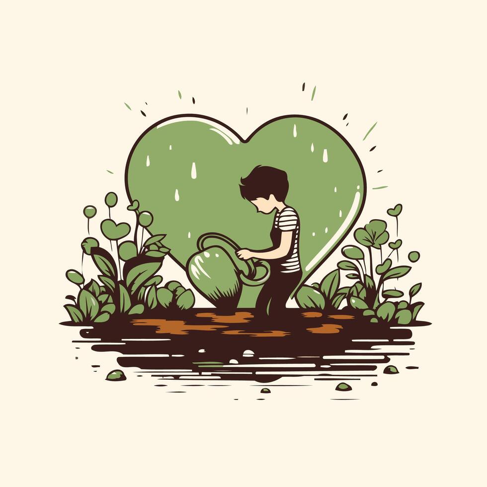 element illustration of a man watering plants in the garden with a heart vector