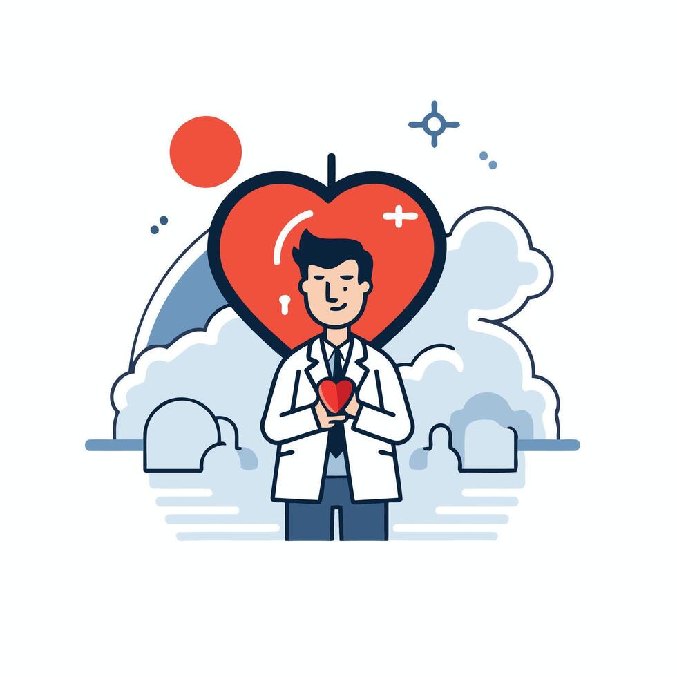 illustration flat design icon of doctor with heart and cloud vector
