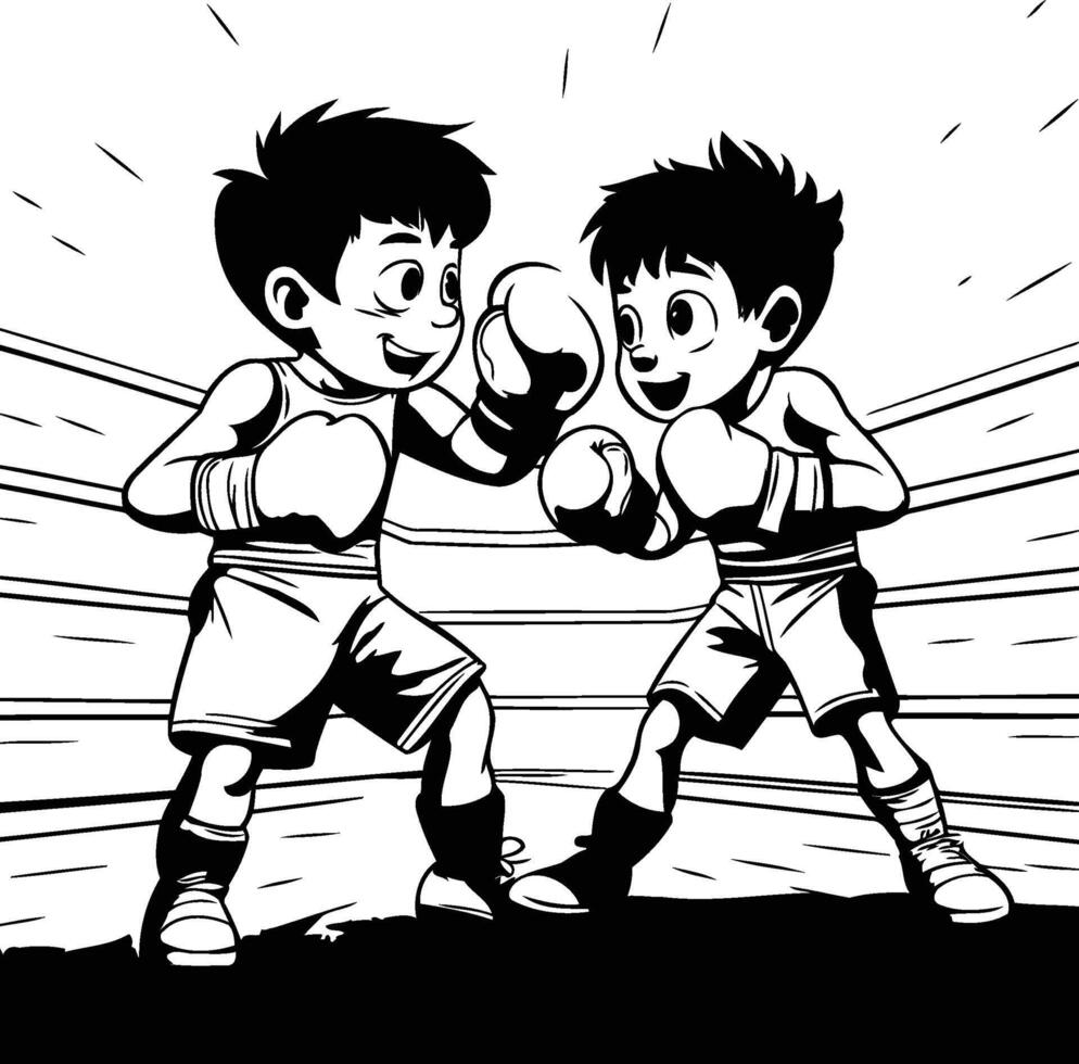 Boxing Kids Black and White Cartoon Illustration of Two Boxers in Action Clip Art vector