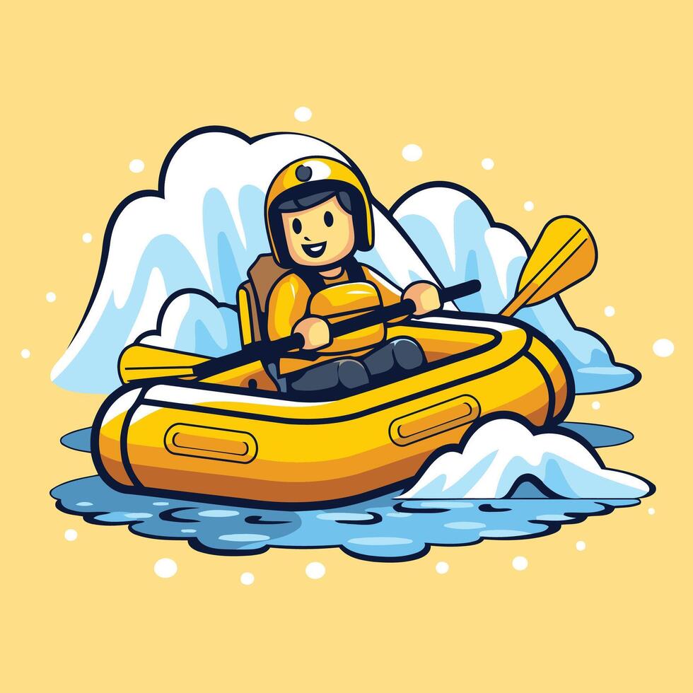 Cute boy in a kayak illustration on a yellow background vector
