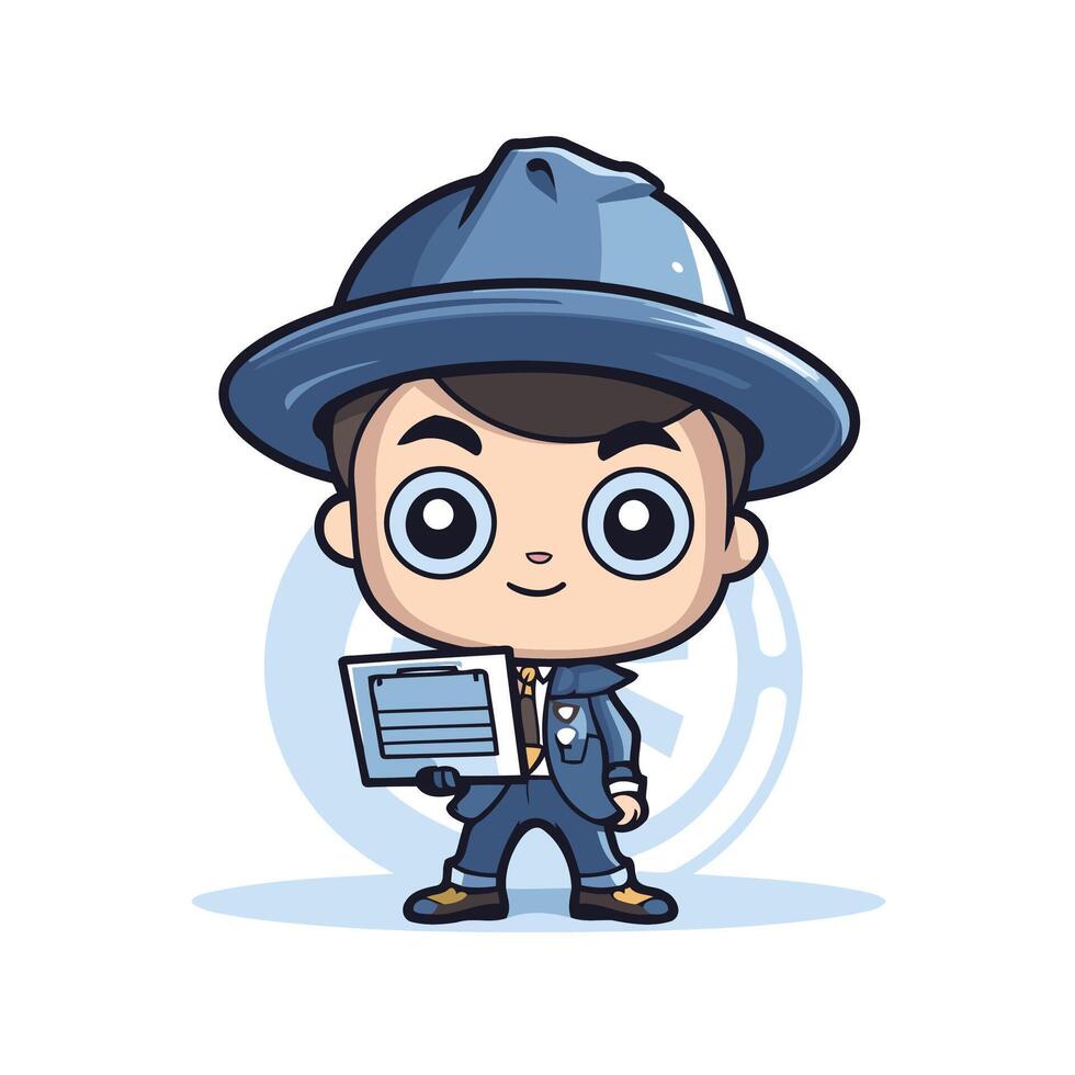 Cute detective boy wearing hat and uniform holding clipboard cartoon illustration vector