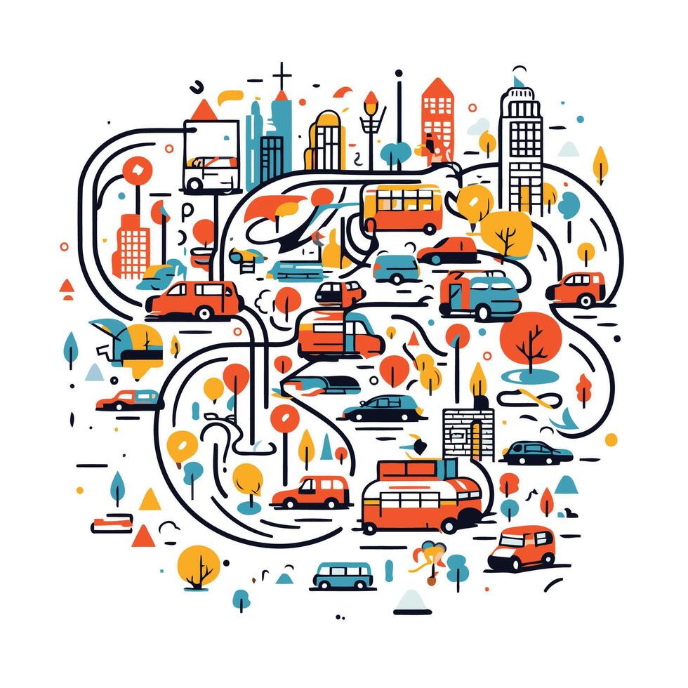 Cityscape with cars trees and road signs illustration vector