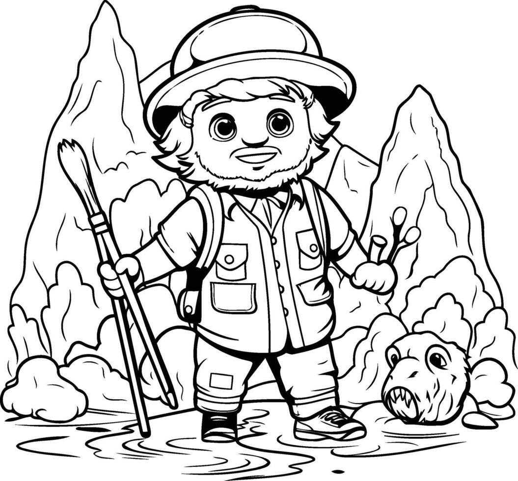 Outline illustration of an explorer standing in a puddle with his dog vector