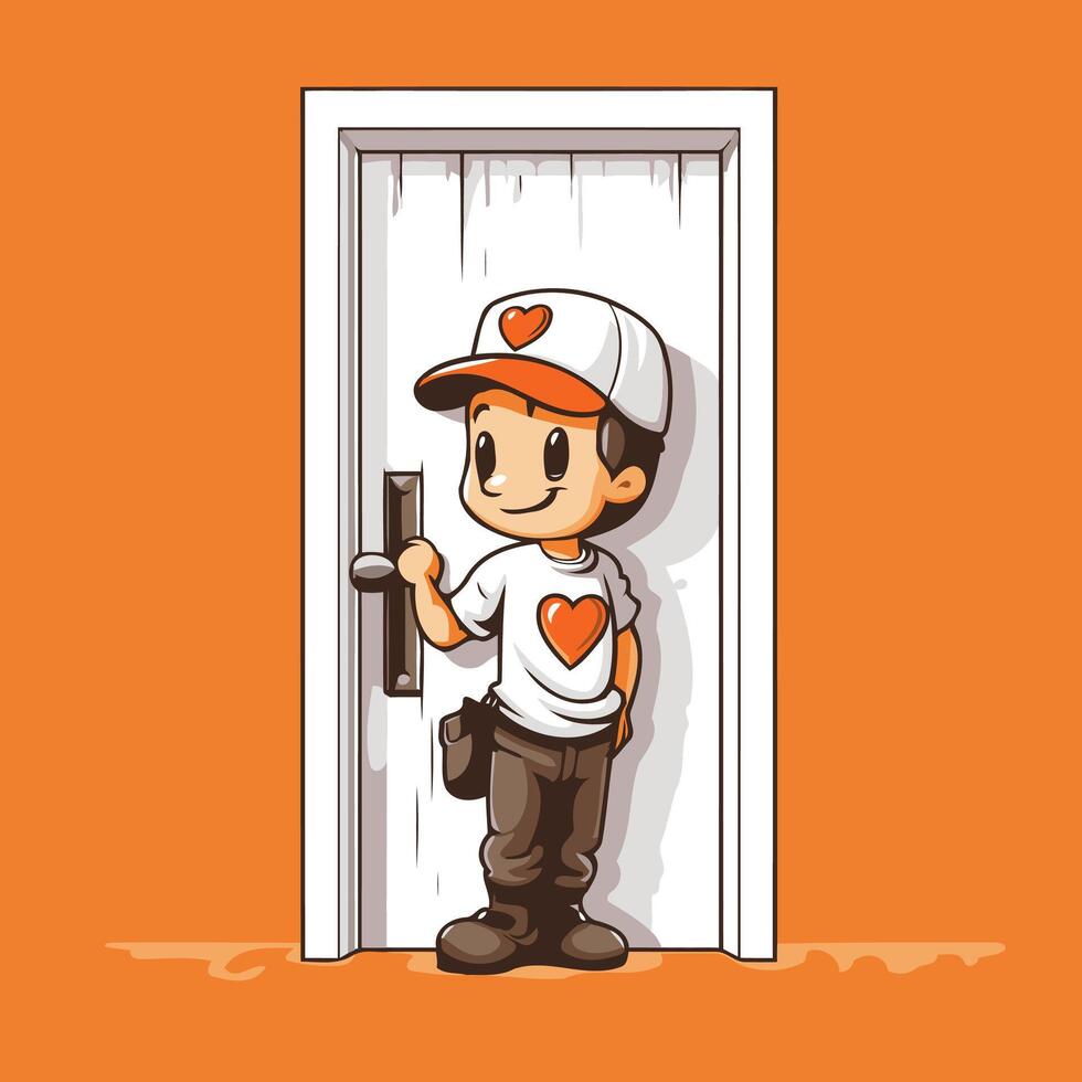 illustration of a boy standing in front of an open door vector