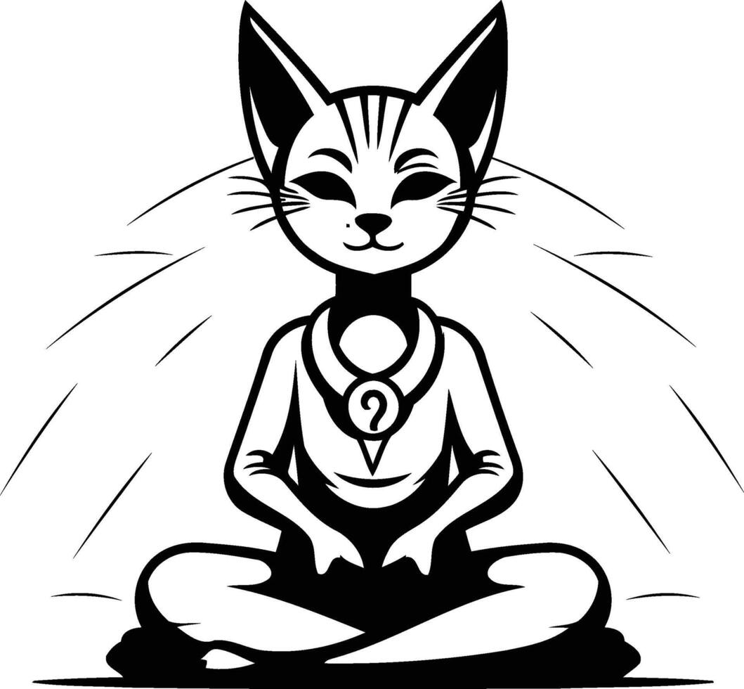 Cat meditating in lotus pose black and white illustration vector