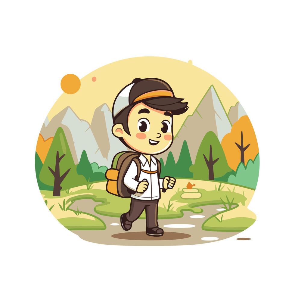 Cute little boy with backpack in the forest illustration vector