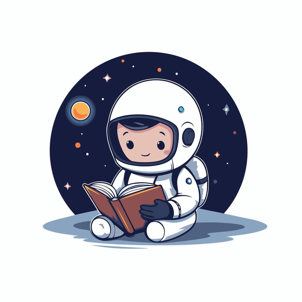 Cute little astronaut reading a book in space illustration vector