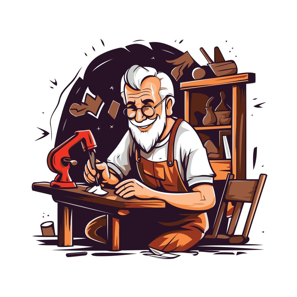 Old craftsman working with tools in his workshop illustration vector