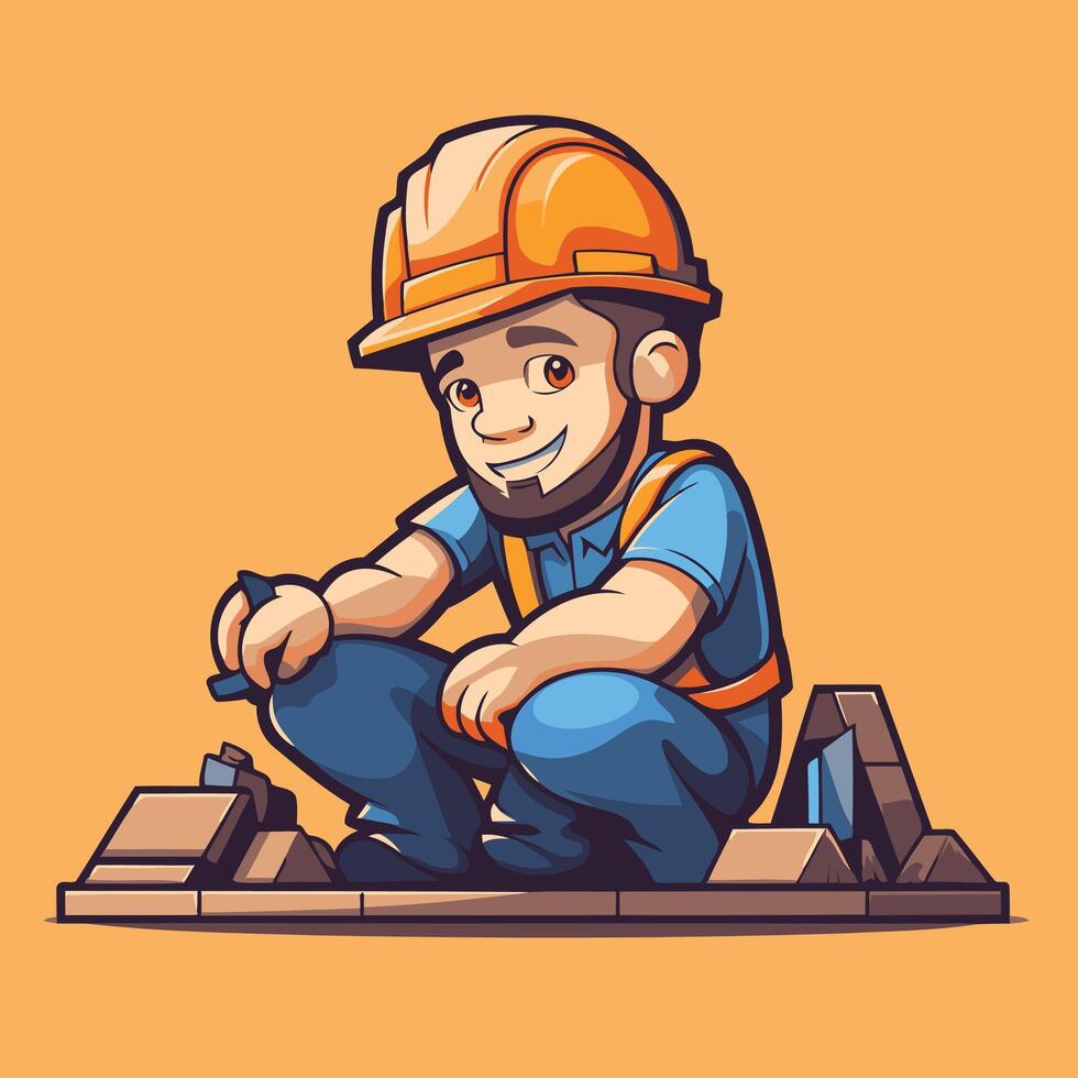Worker in helmet and overalls sitting on the floor illustration vector