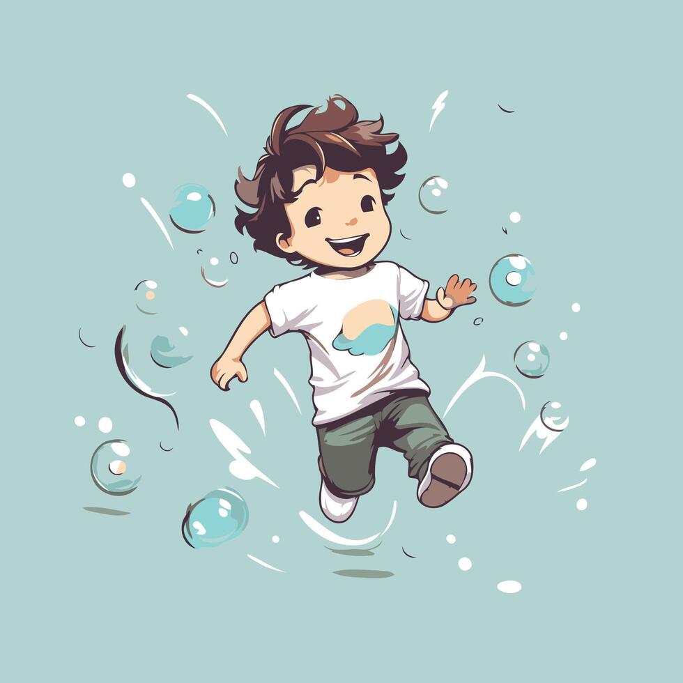 Cute boy jumping with soap bubbles on a blue background illustration vector