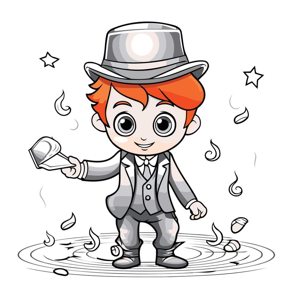 Cute red haired boy in a suit and hat with a watering can vector