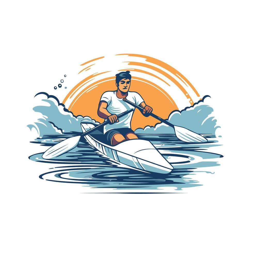 Man rowing on a kayak in the sea illustration vector