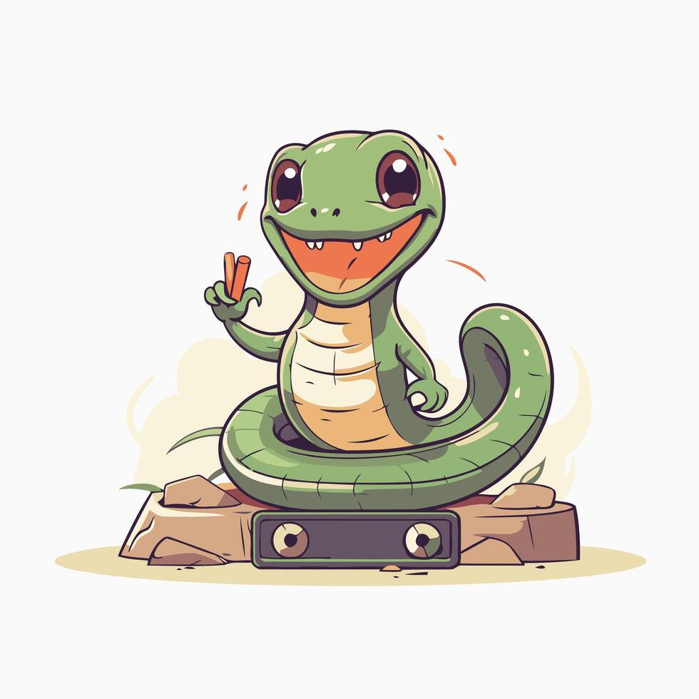 Cute cartoon snake sitting on a rock and showing thumbs up illustration vector