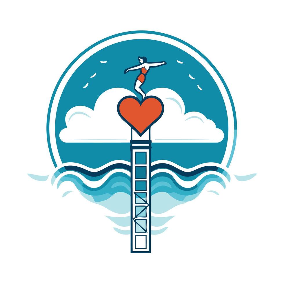 Swimming pool with man and heart illustration in flat style vector