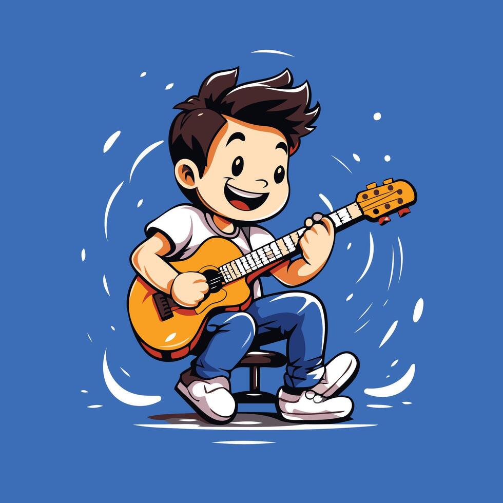 Cartoon boy playing the guitar on blue background illustration vector