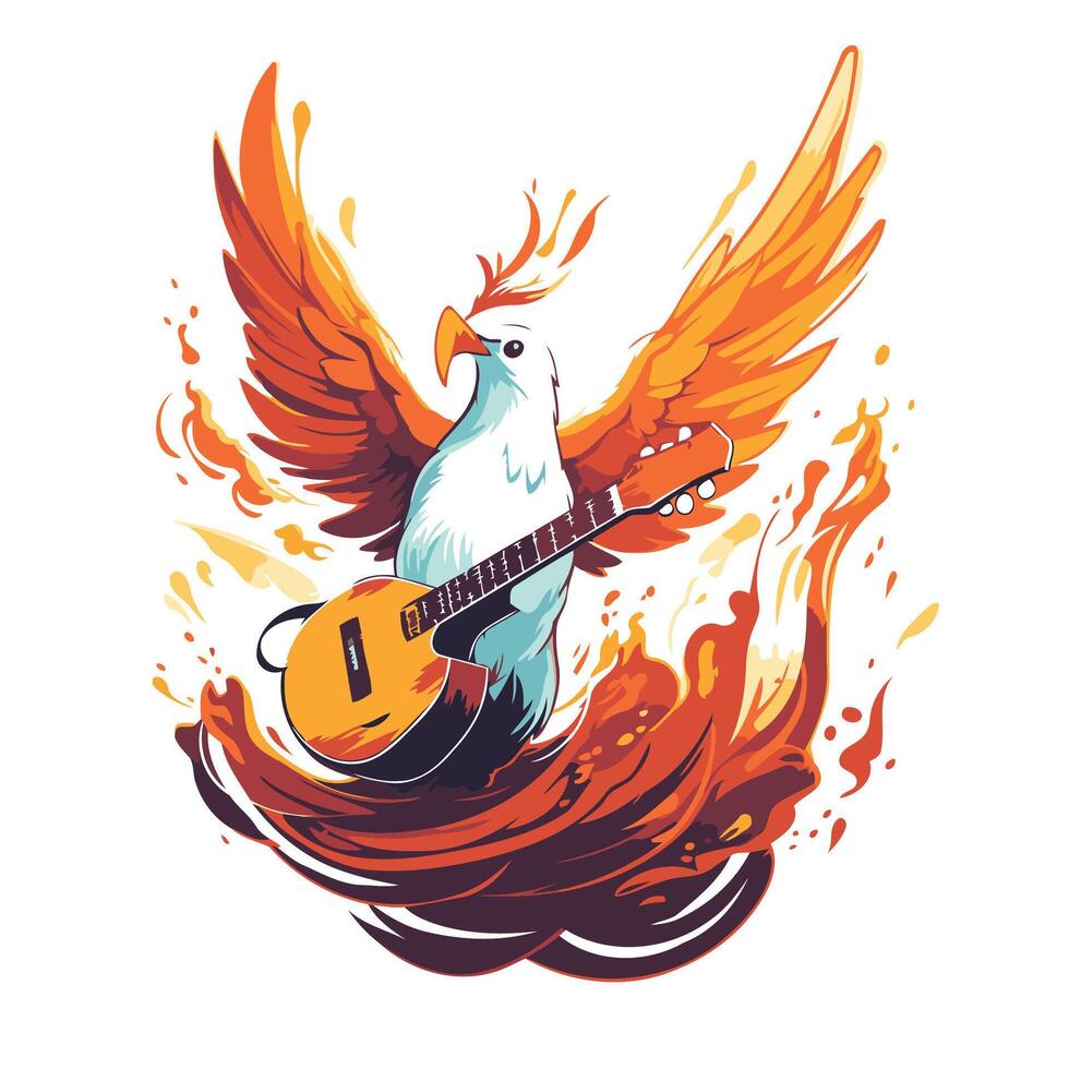 Guitar with wings and a bird on fire illustration vector