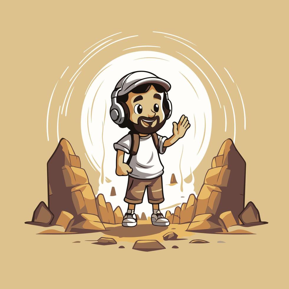Cartoon little boy in helmet and headphones illustration of a boy in the desert vector