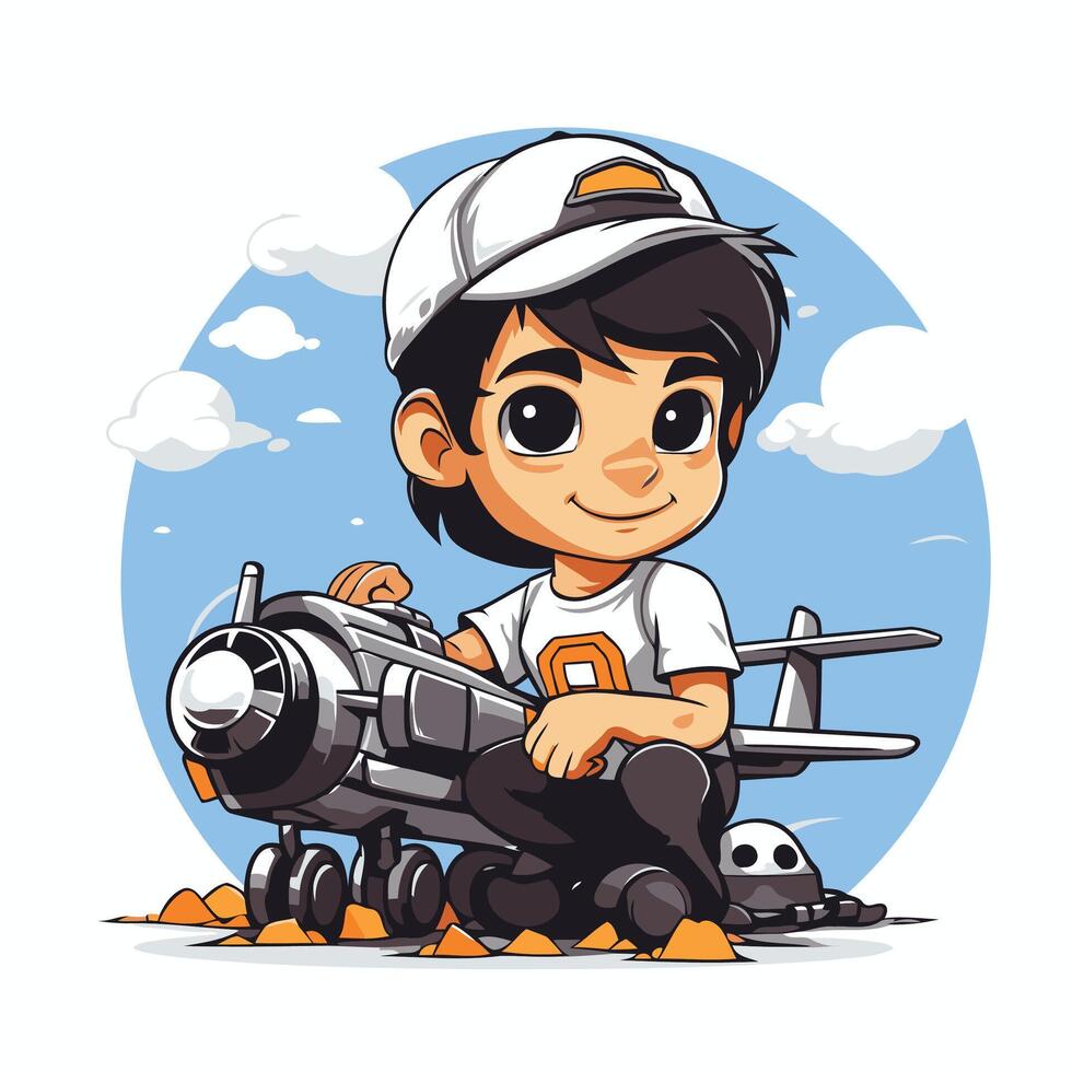 Cute cartoon boy playing with a toy airplane illustration vector