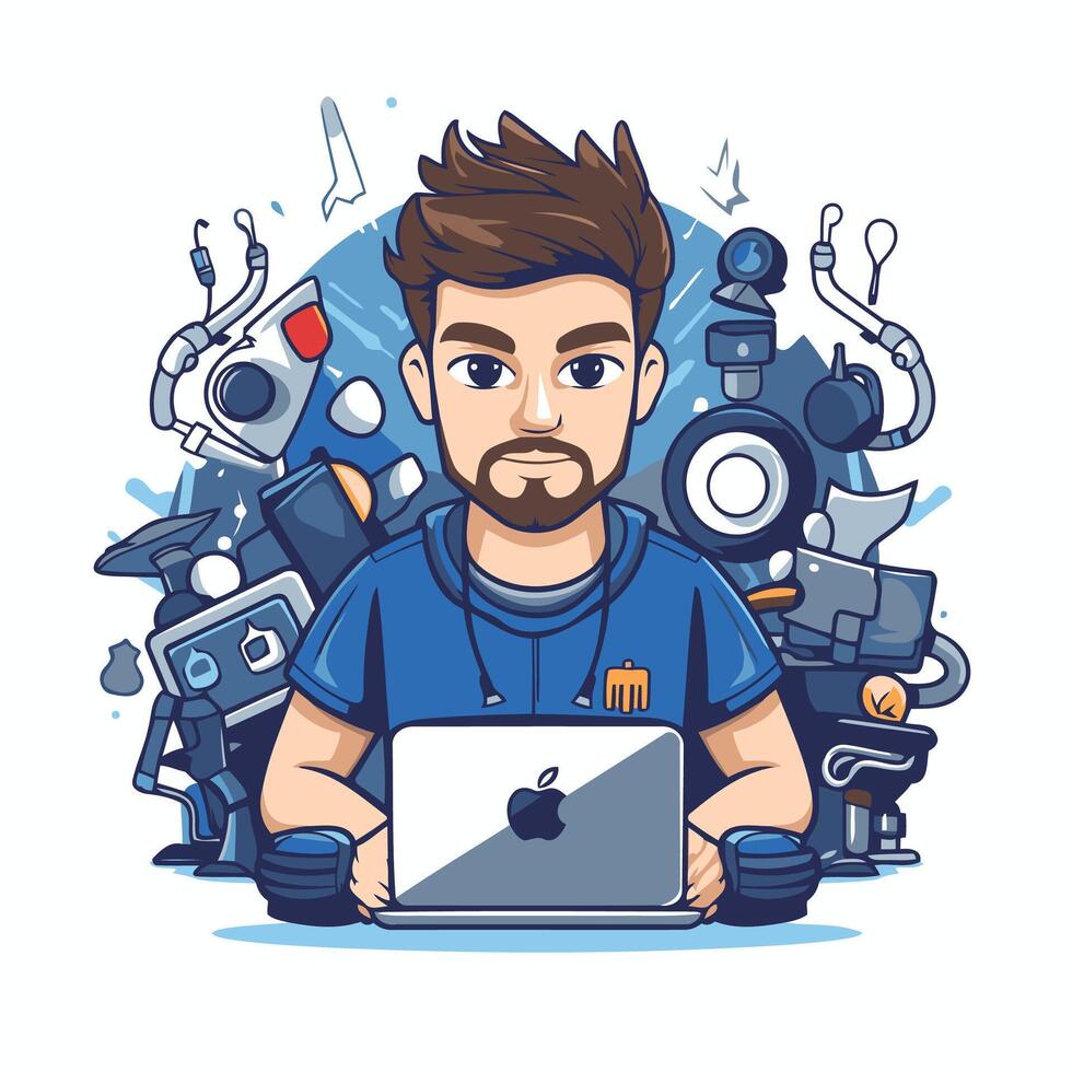 illustration of a man with a laptop in his hands Cartoon style vector