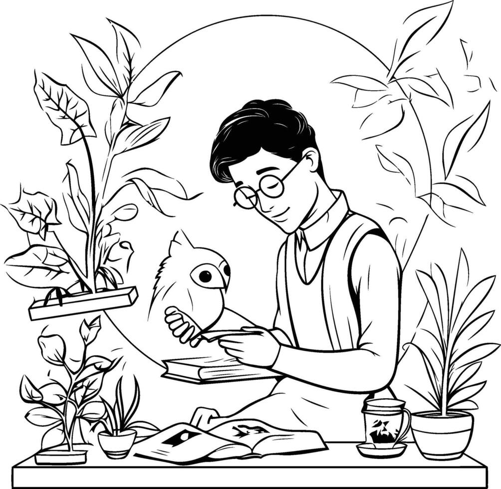 Gardener with parrot Black and white illustration vector