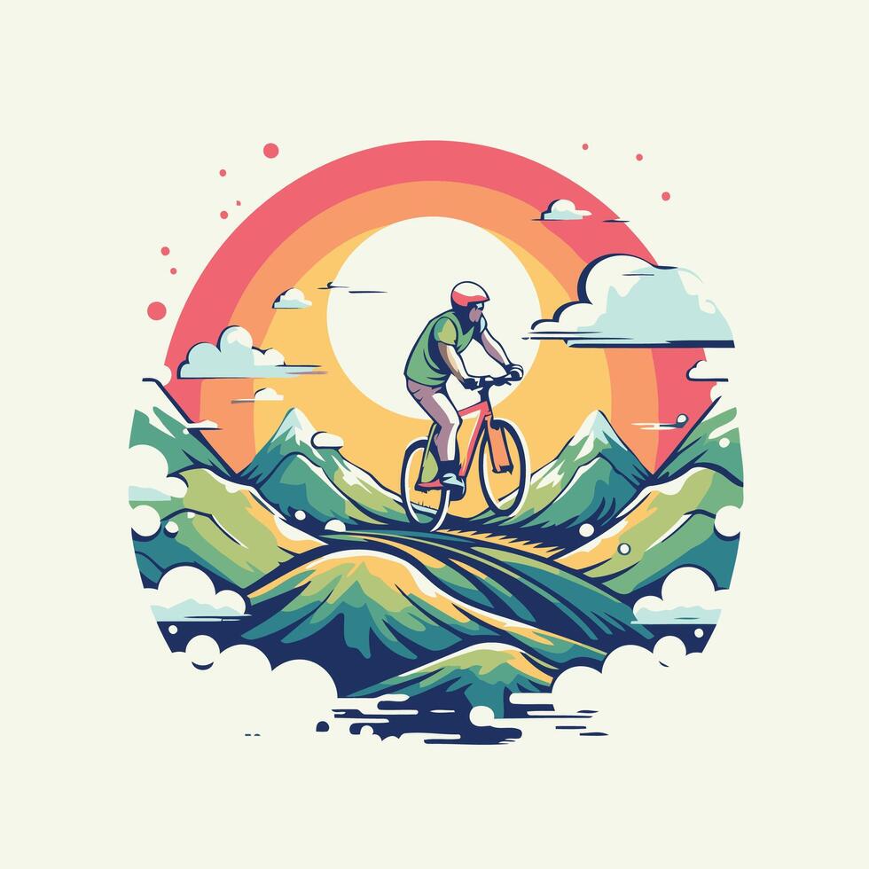 Cyclist riding mountain bike in the mountains illustration vector