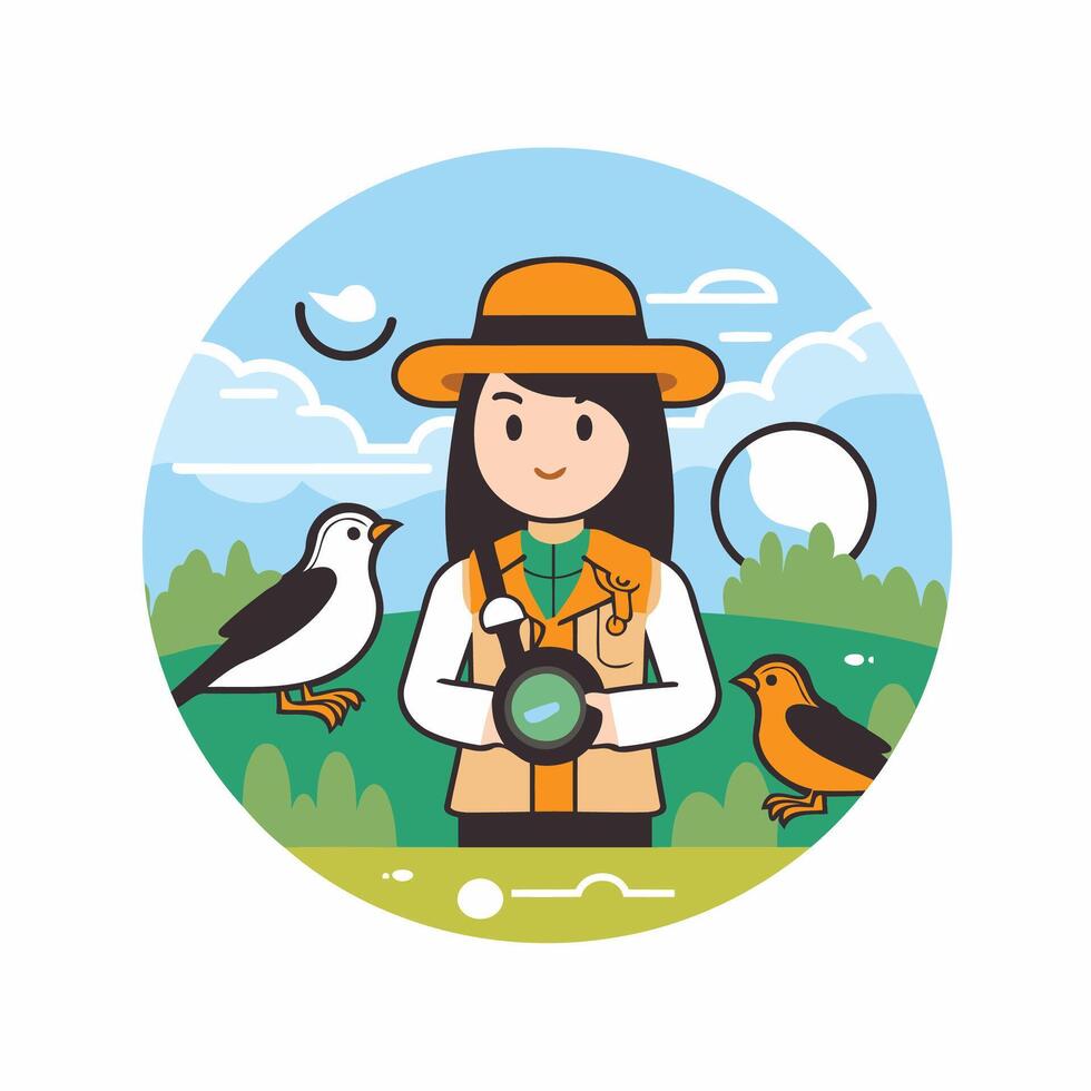 Tourist woman with camera and birds illustration in flat style vector