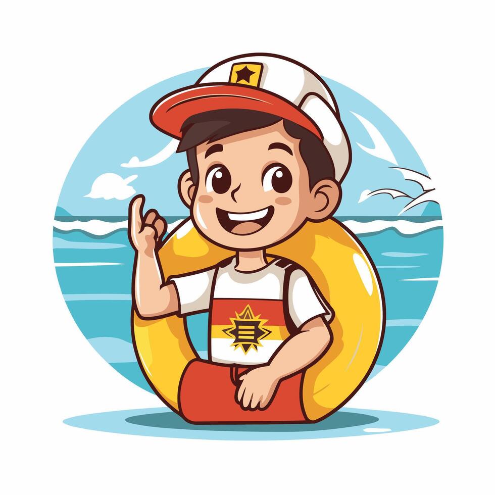 Cute cartoon boy in sea lifebuoy illustration vector