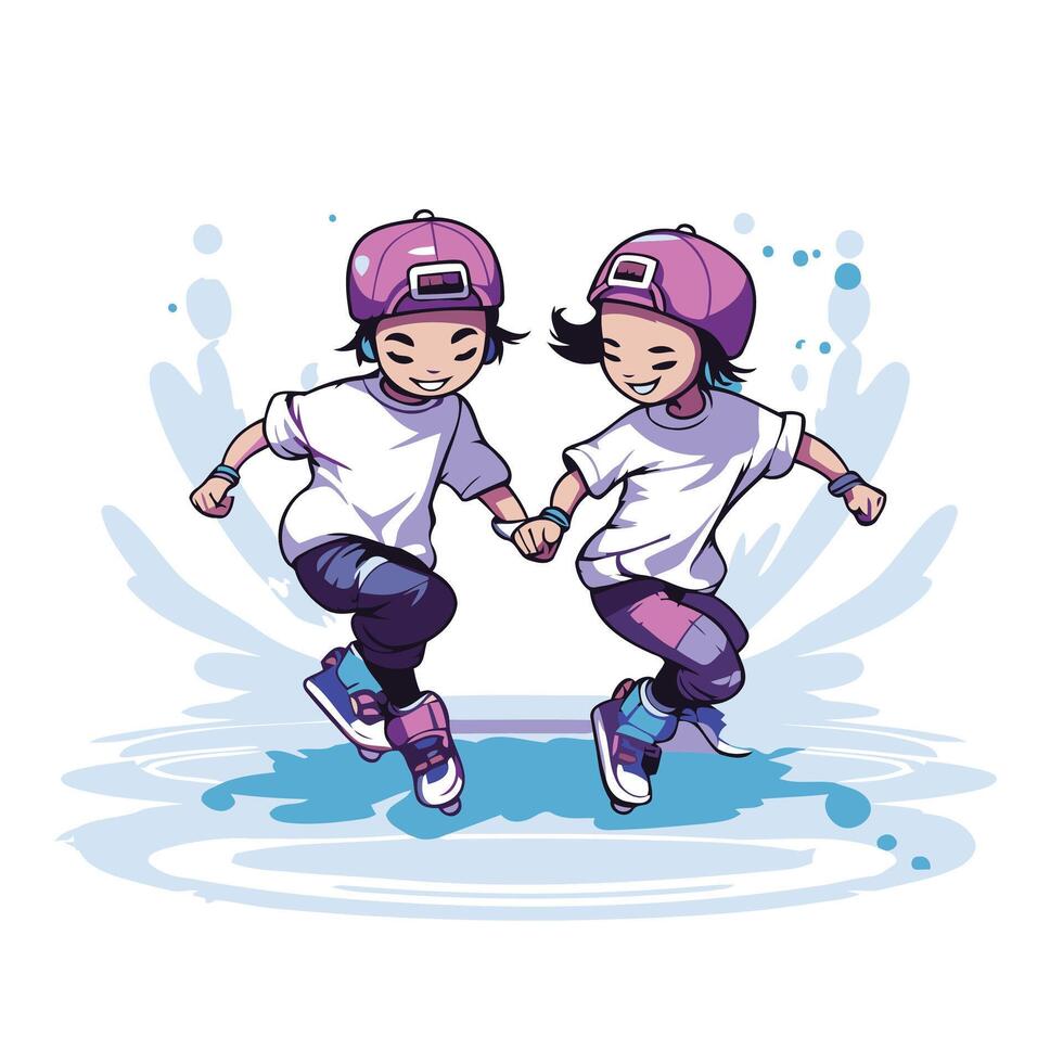 cute little girls rollerblading in the ice element illustration graphic design vector