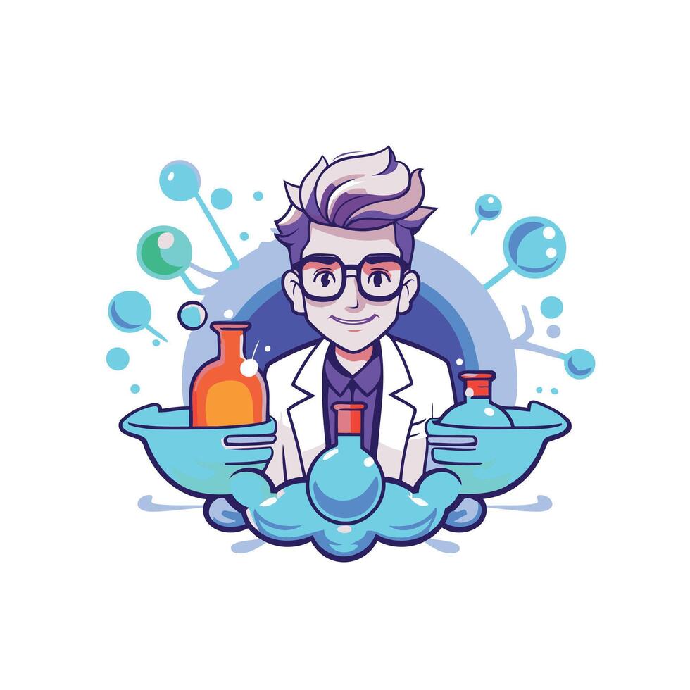 Scientist with chemical flask and test tube illustration in cartoon style vector