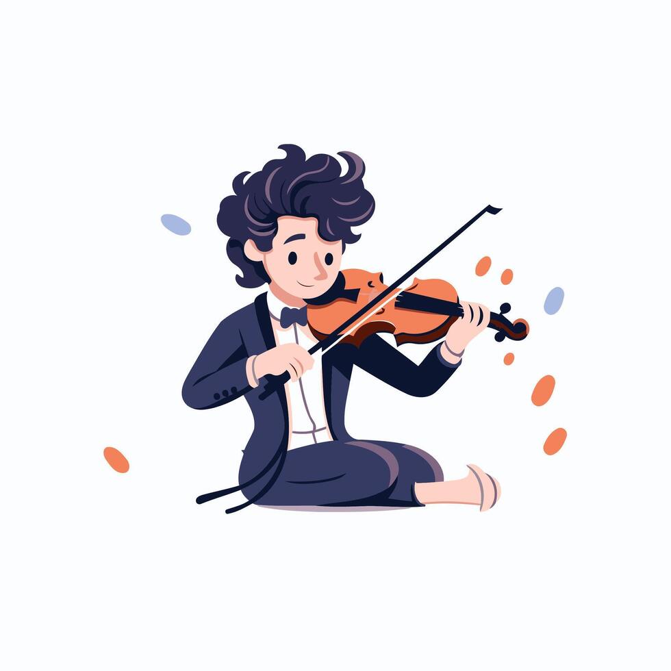 Young man playing the violin illustration in flat cartoon style vector