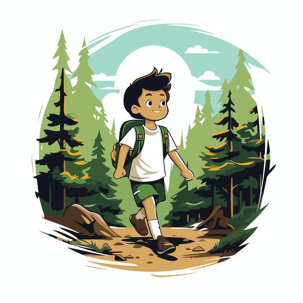 Boy with backpack hiking in the forest illustration in cartoon style vector