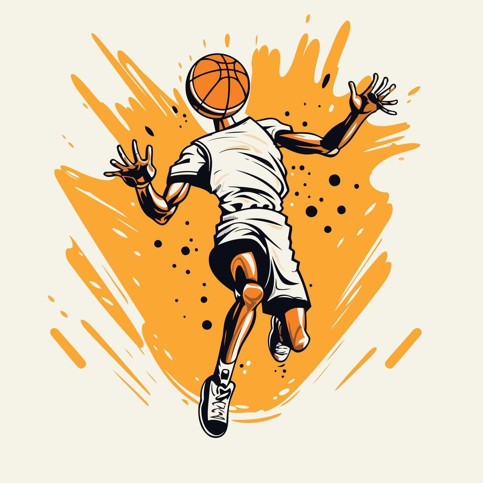 Basketball player jumping with ball in hand drawn style illustration vector