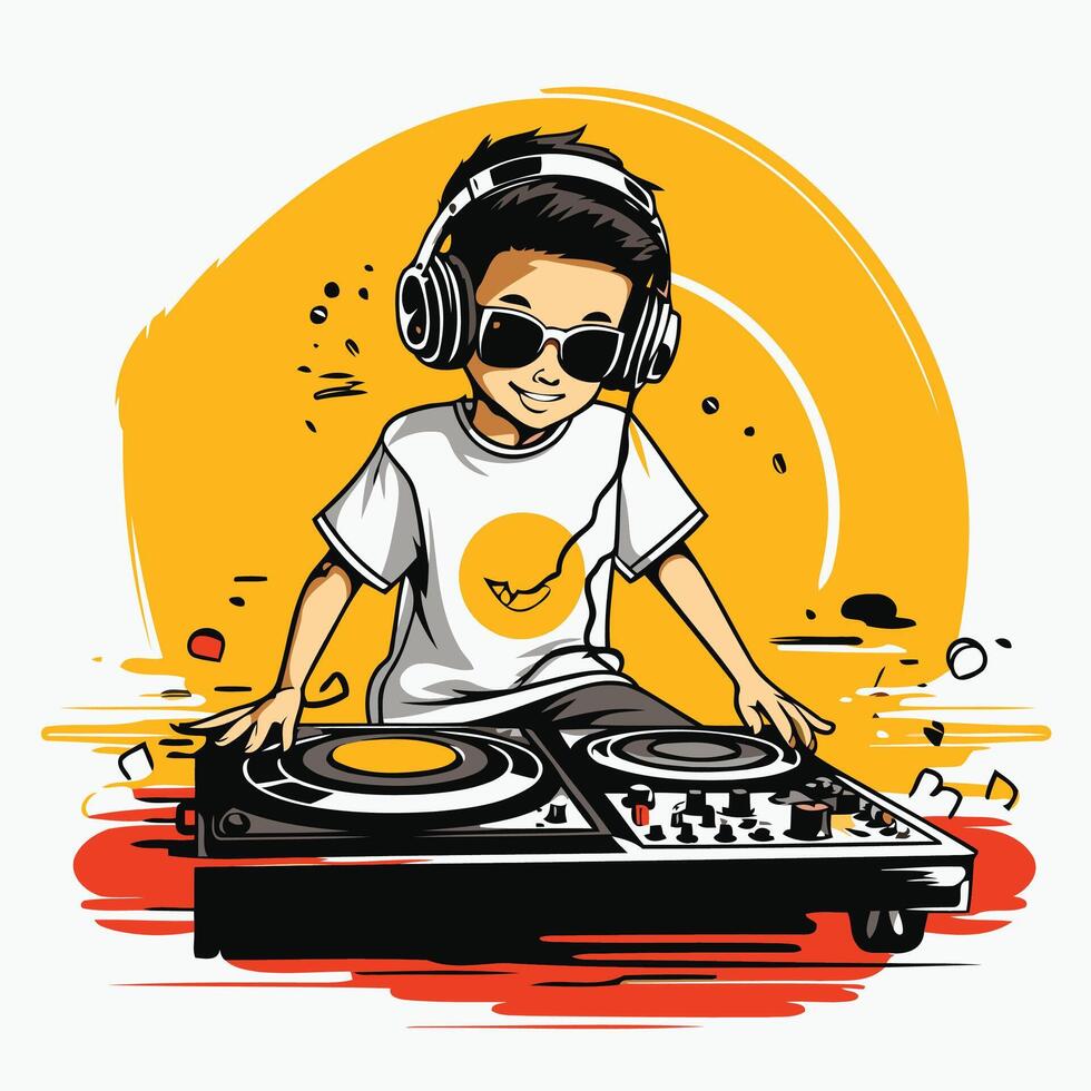Dj playing music with headphones illustration in cartoon style vector