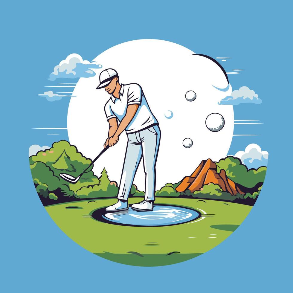 Golf player on the golf course illustration in cartoon style vector