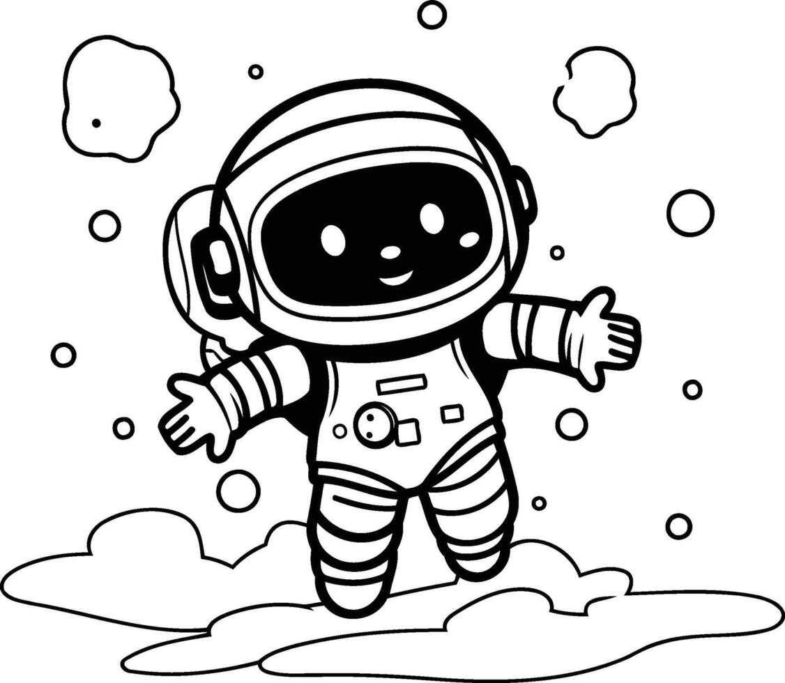 Cute astronaut in outer space Black and white illustration vector