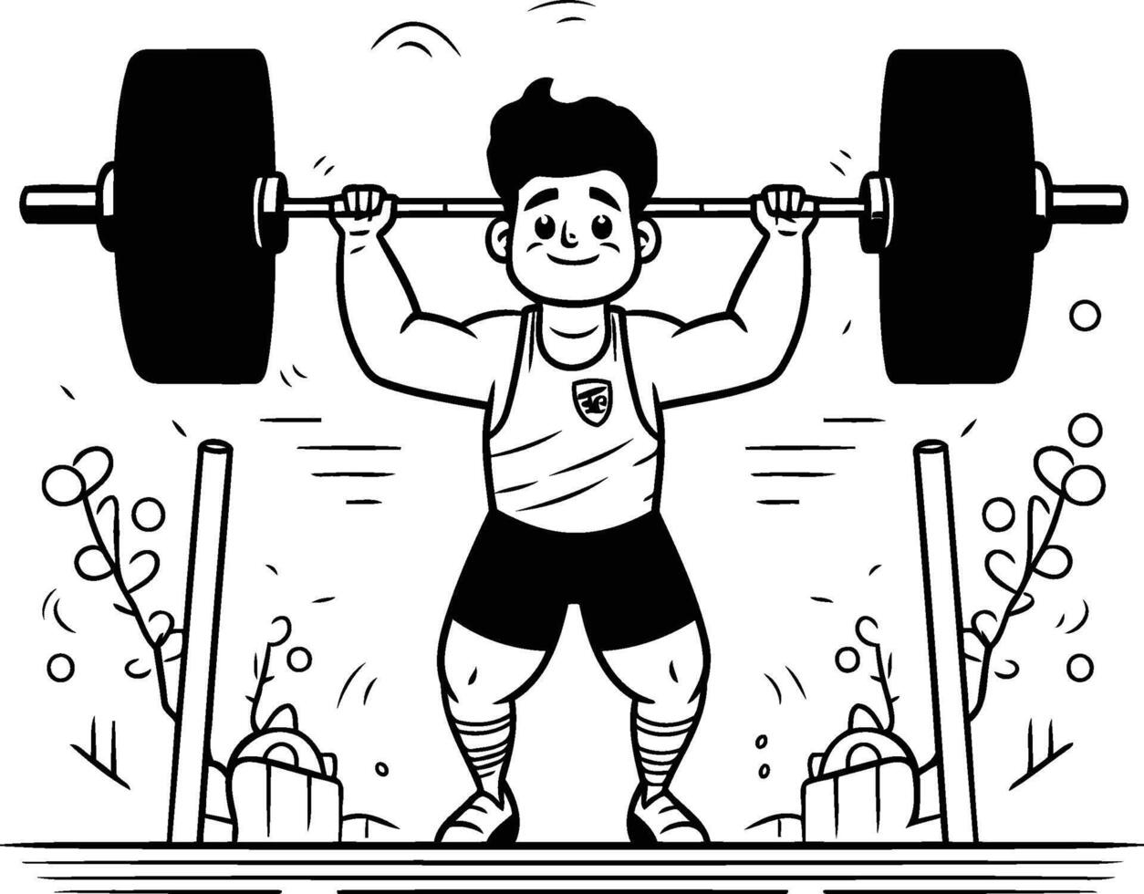 Fitness boy doing exercises with barbells illustration vector