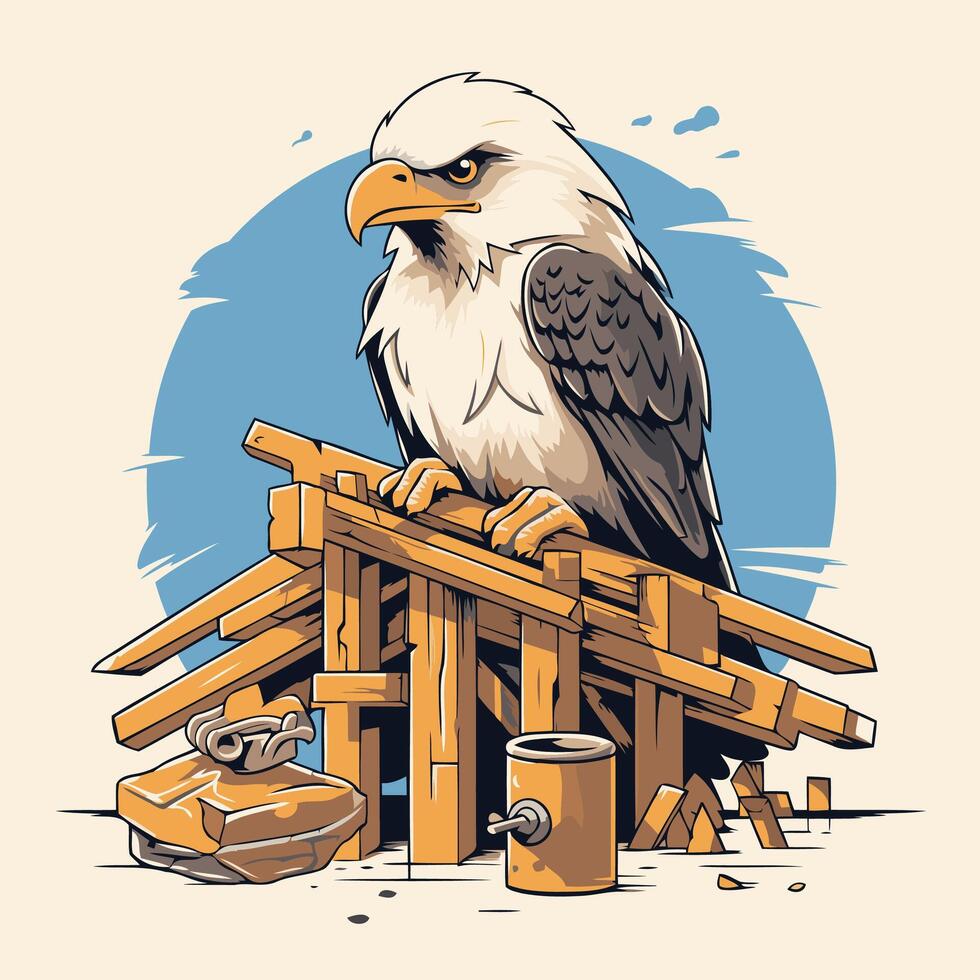 Bald eagle sitting on a wooden house illustration in retro style vector