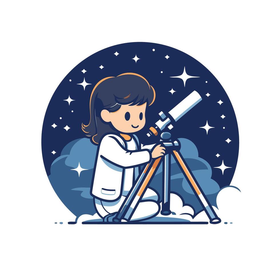 Cute little girl looking through a telescope illustration in cartoon style vector