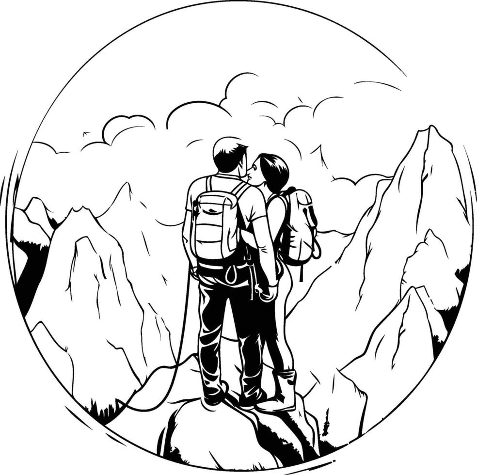Hikers in the mountains illustration in black and white colors vector