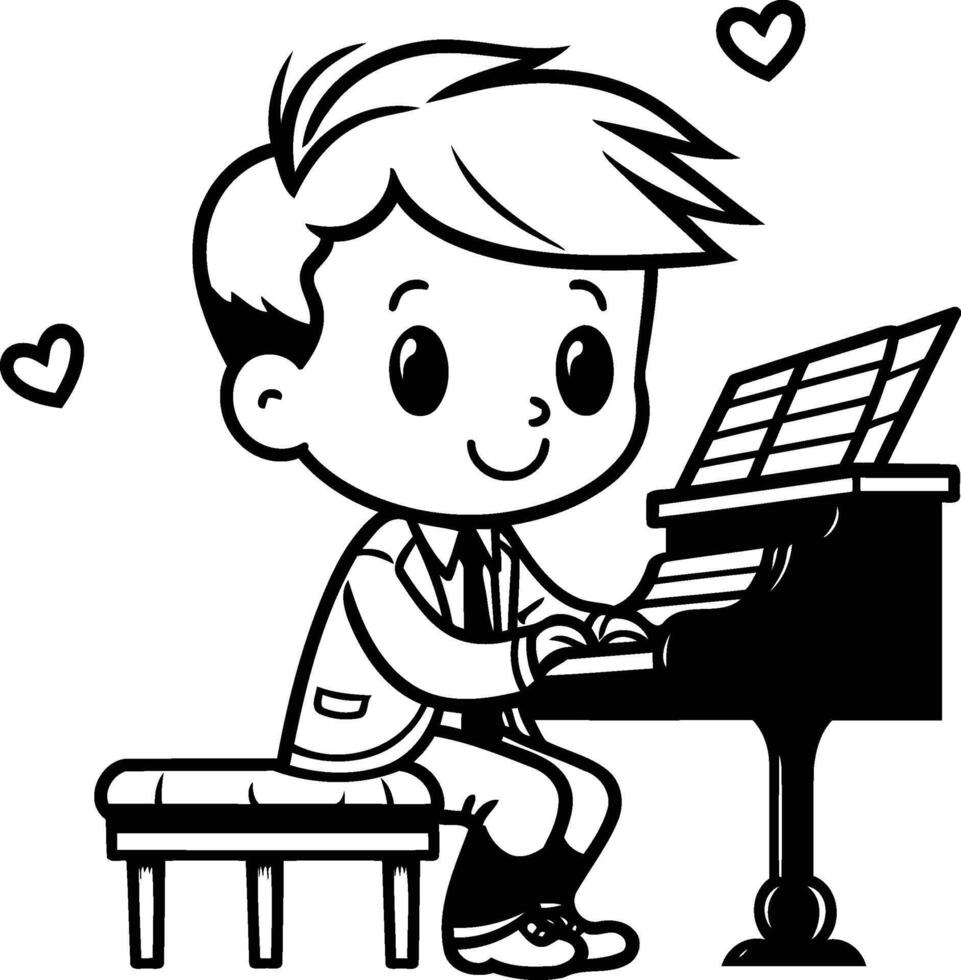Boy Playing Piano Black and White Cartoon Illustration Character vector
