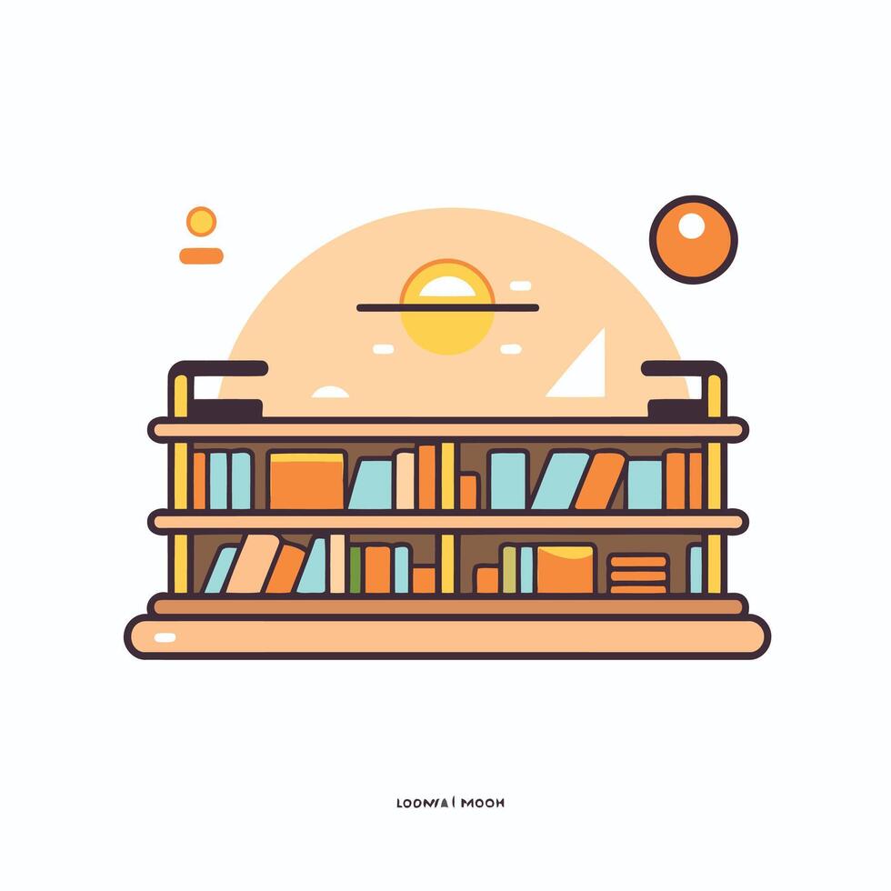 Bookshelf with books and sun in flat style illustration vector