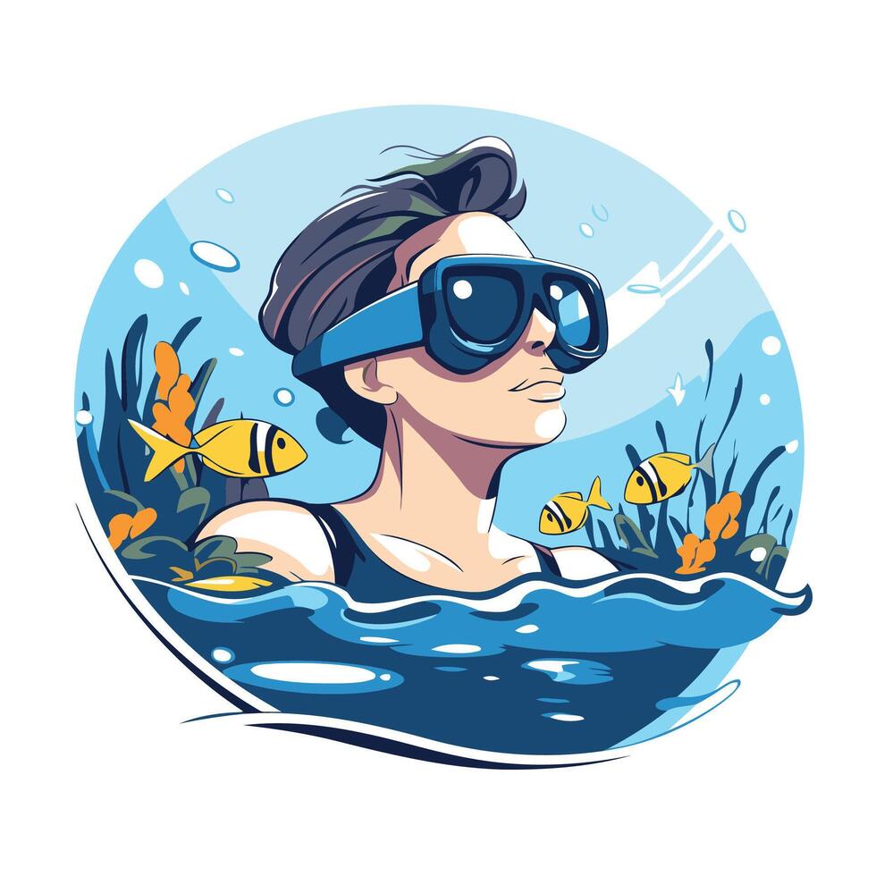 Beautiful woman swimming in the sea illustration in cartoon style vector