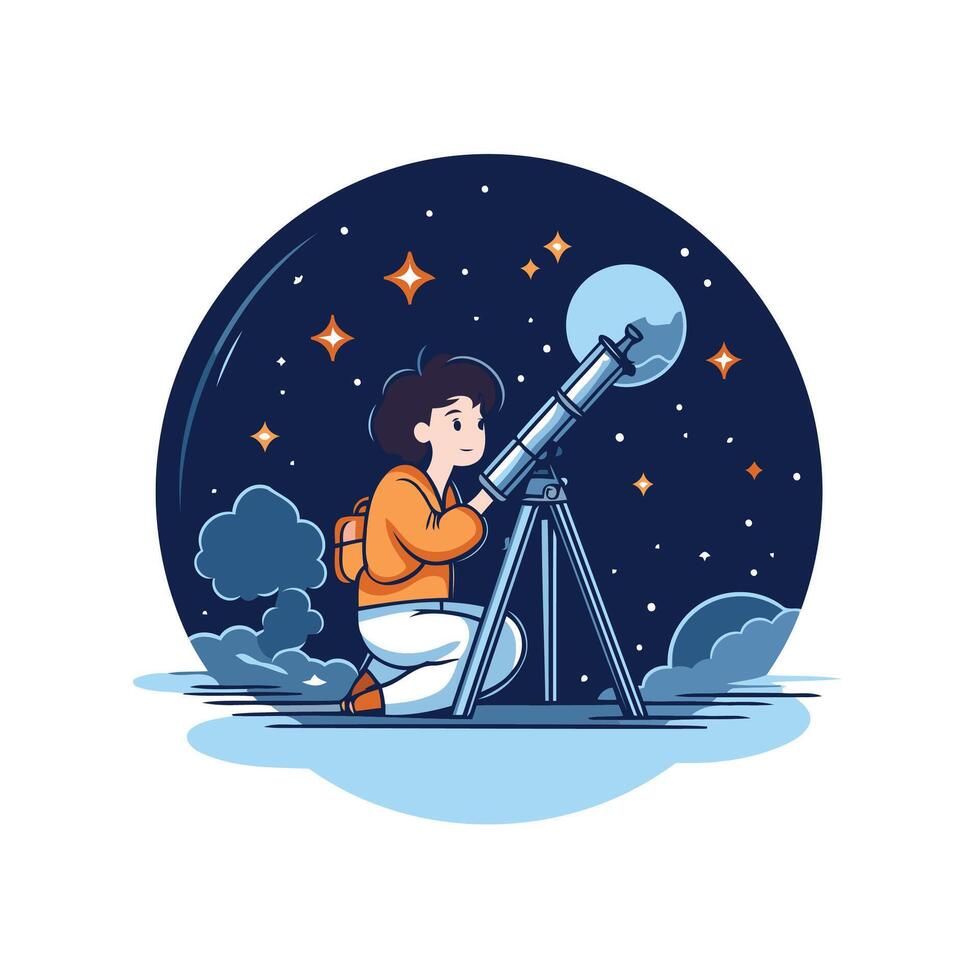 Girl looking through a telescope in the night sky illustration vector