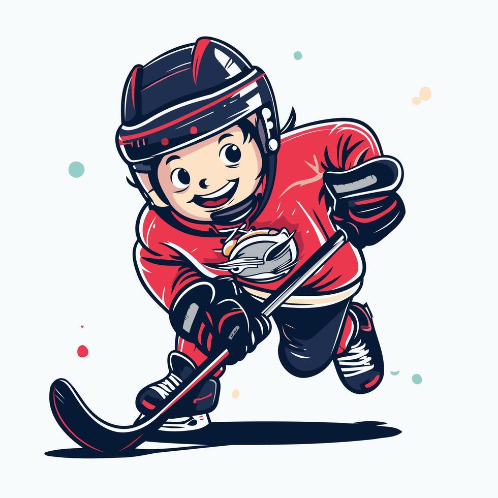 Cute cartoon hockey player with the stick and puck illustration vector