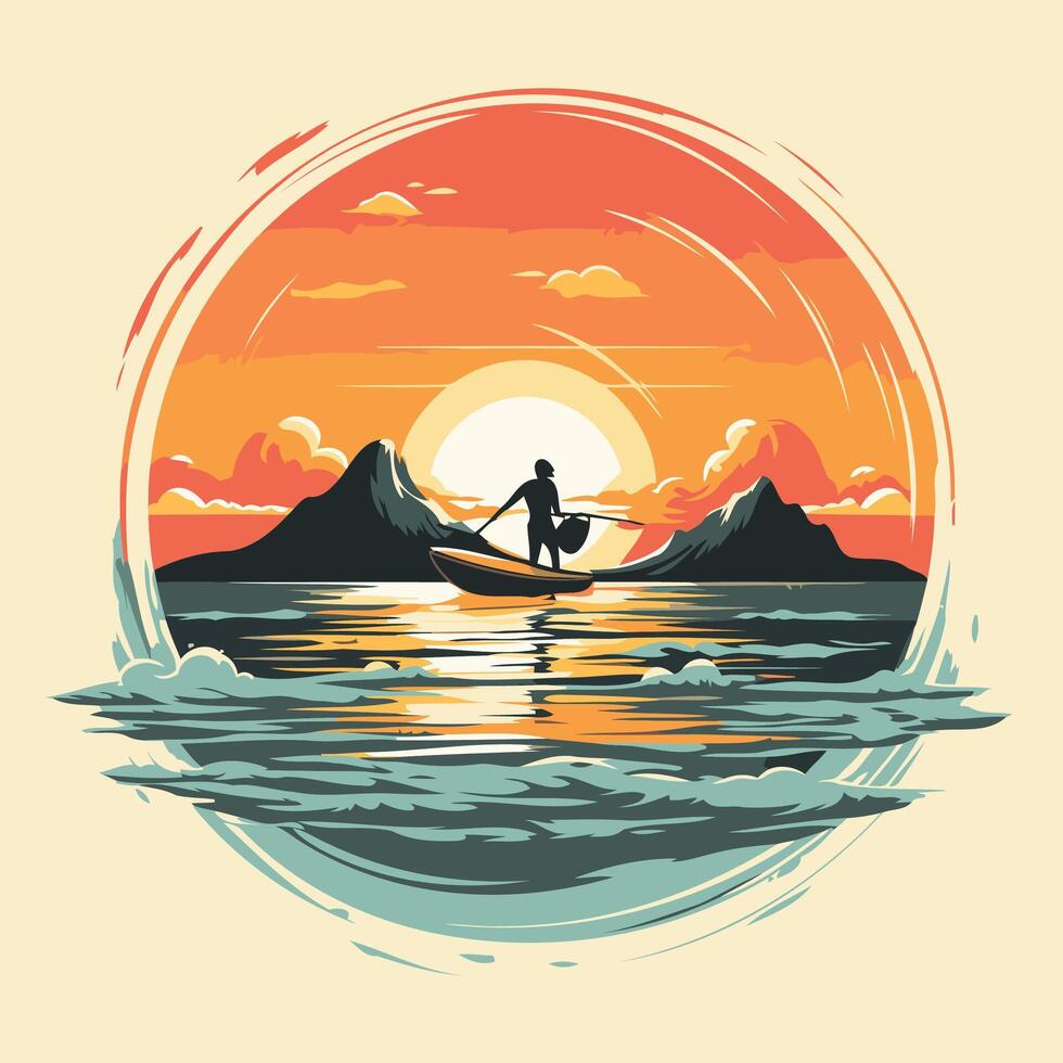 Silhouette of a man in a boat on the sea at sunset illustration vector