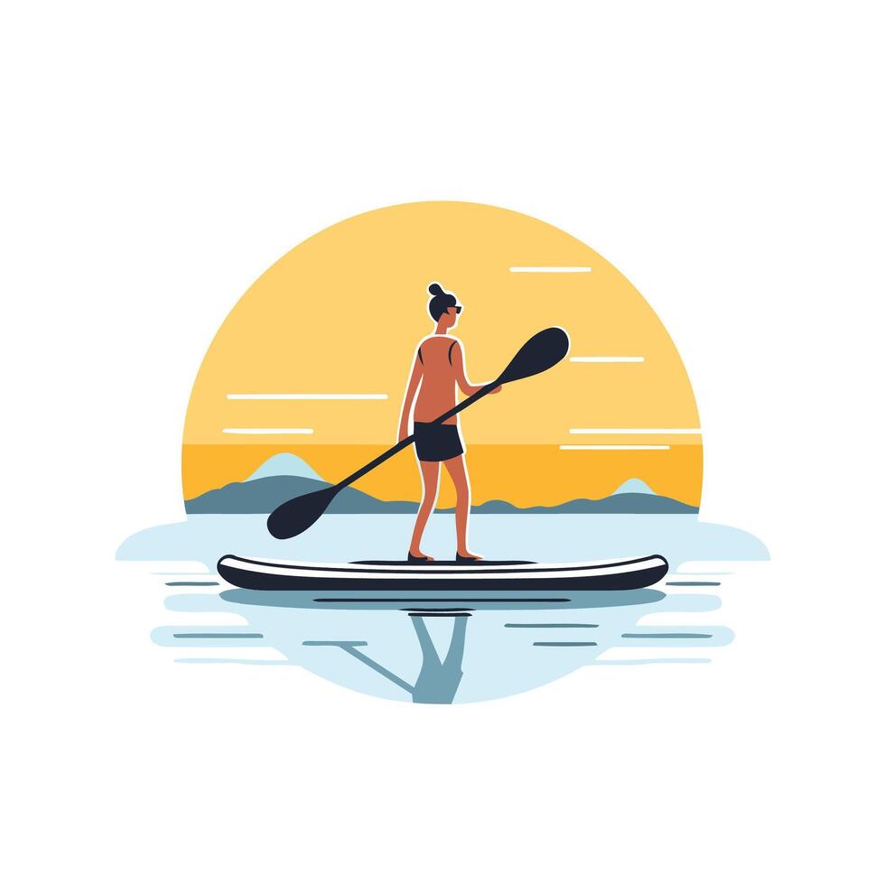 Woman paddling on stand up paddleboard Flat style illustration vector