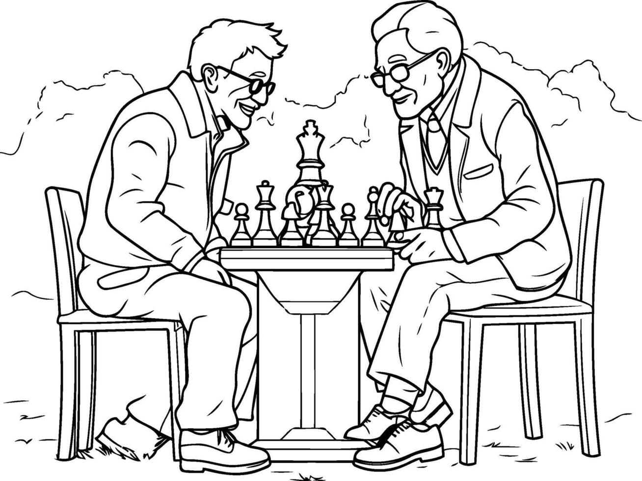 Two senior men playing chess Black and white illustration in sketch style vector