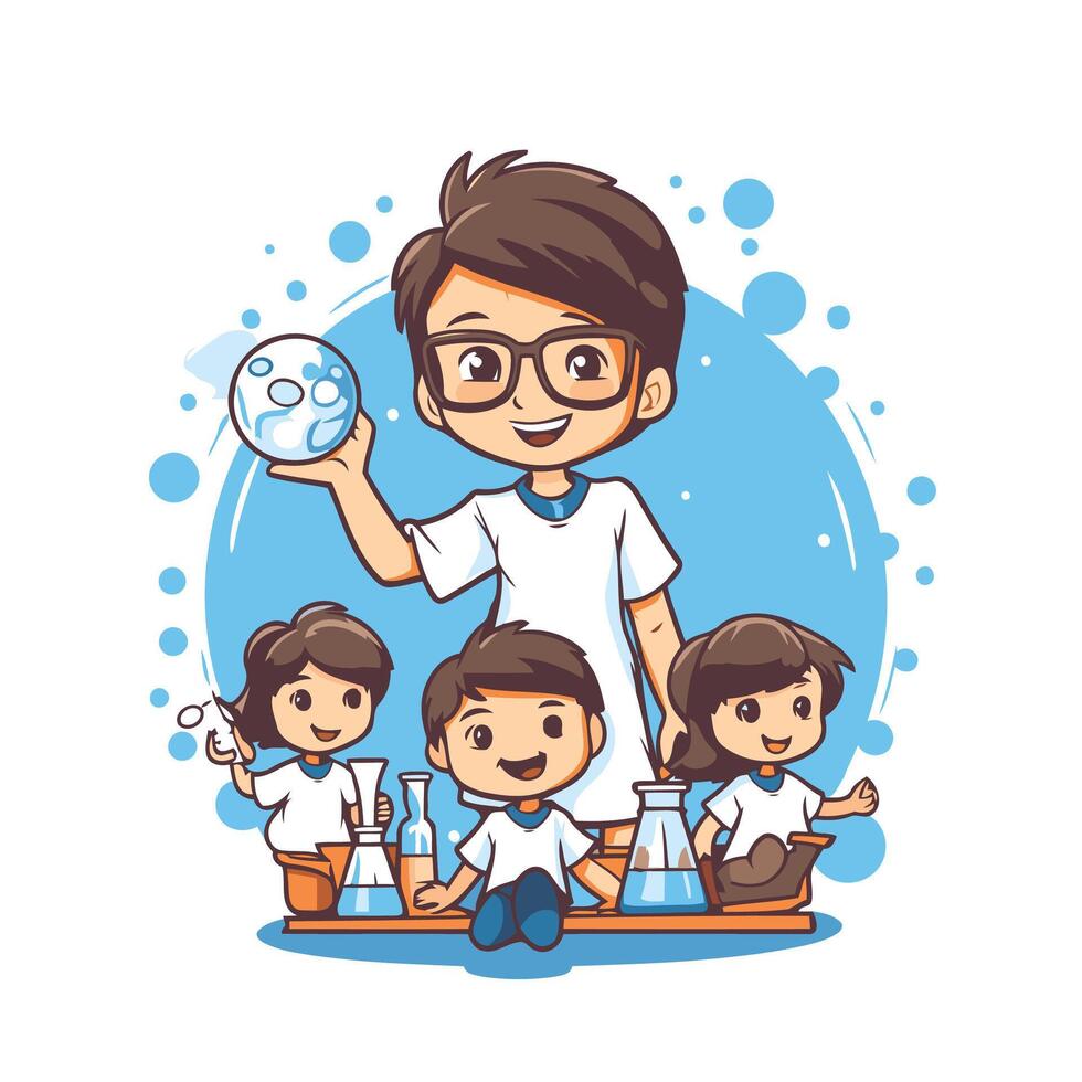 Scientist and kids doing science experiments in laboratory element illustration graphic design vector