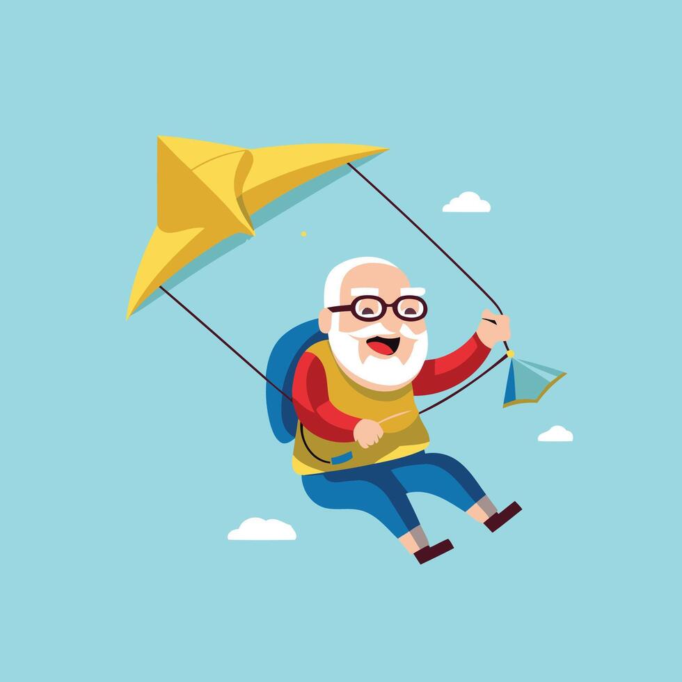 Old man flying on a kite illustration in cartoon style vector